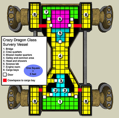 Deck plans for a standard Crazy Dragon. The science lab has been converted into a small gym.